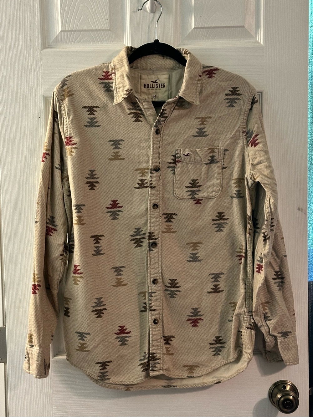 Hollister Beige Southwestern Patterned Flannel Button-Down Shirt Size M